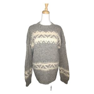 Vintage Chunky Hand Knit Intarsia Wool Sweater Grey Cream